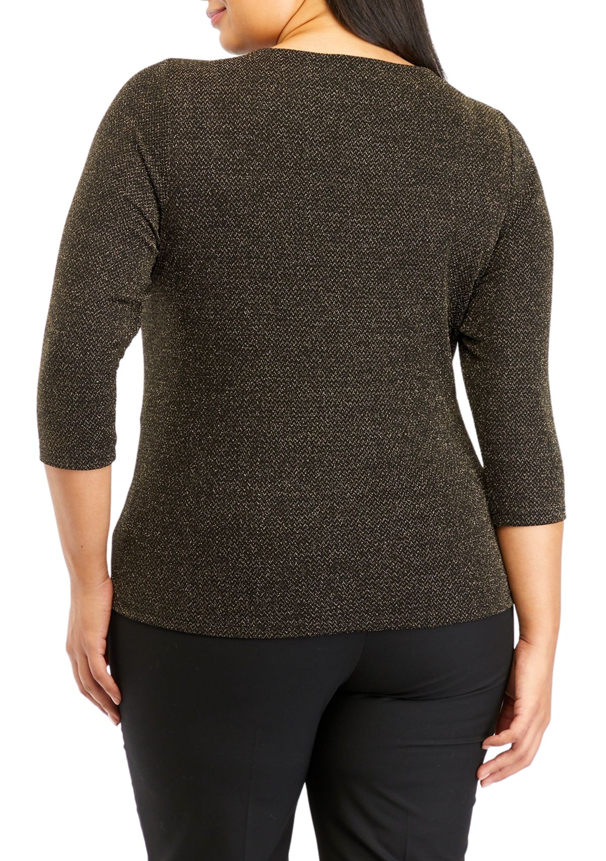 Plus Size 3/4 Sleeve Twist Neck Lurex Knit Top