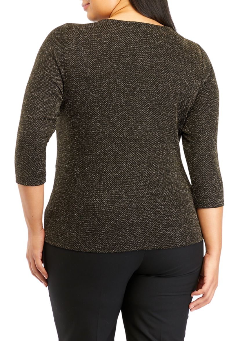 Plus Size 3/4 Sleeve Twist Neck Lurex Knit Top