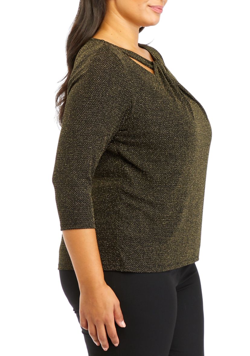 Plus Size 3/4 Sleeve Twist Neck Lurex Knit Top