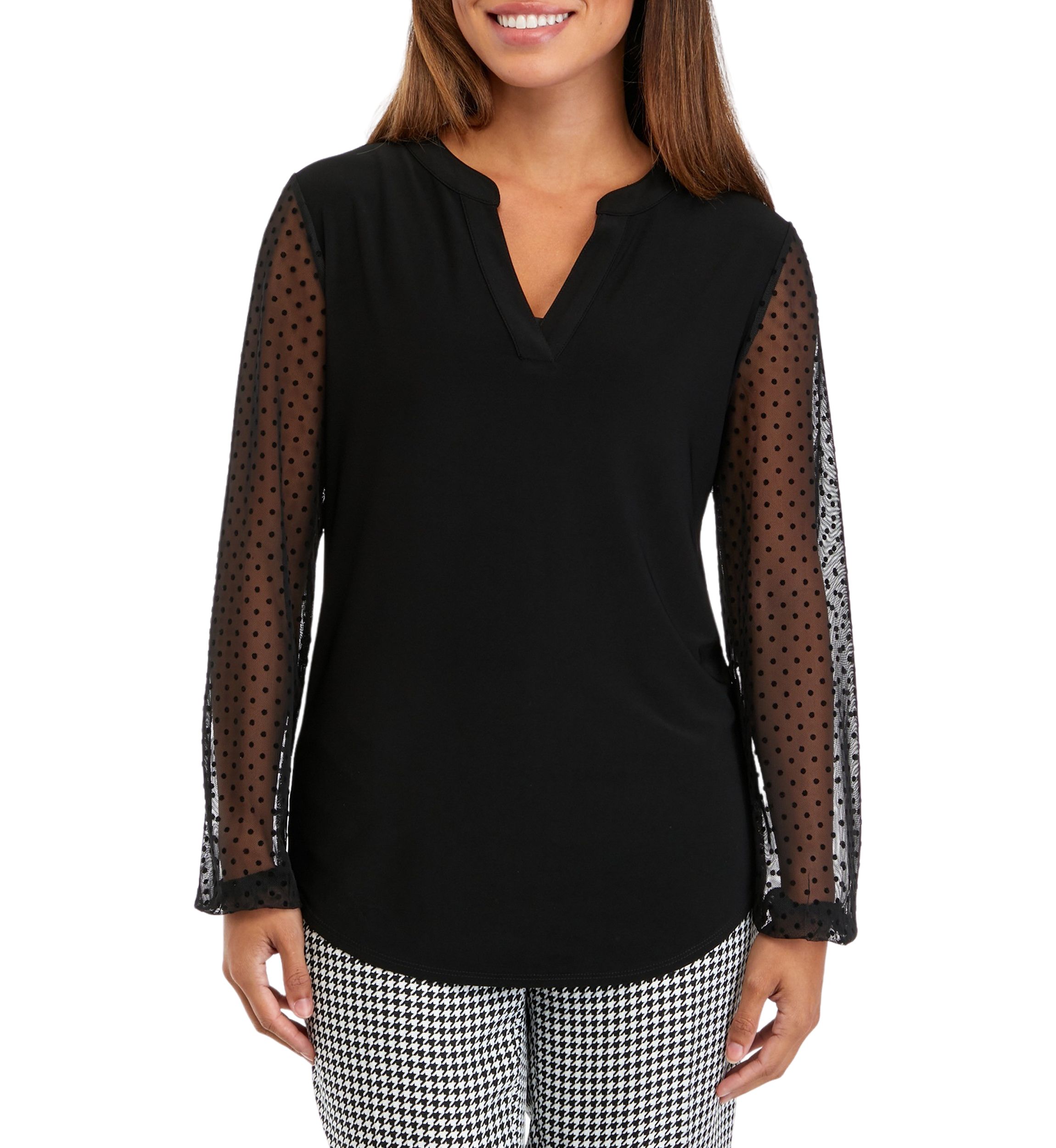 Petite Lace Sleeve Split Neck Solid Top