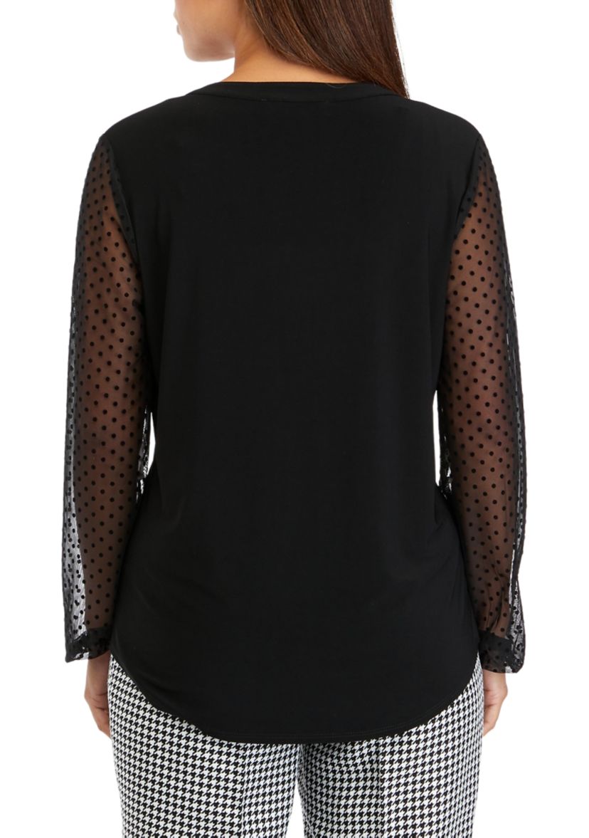 Petite Lace Sleeve Split Neck Solid Top