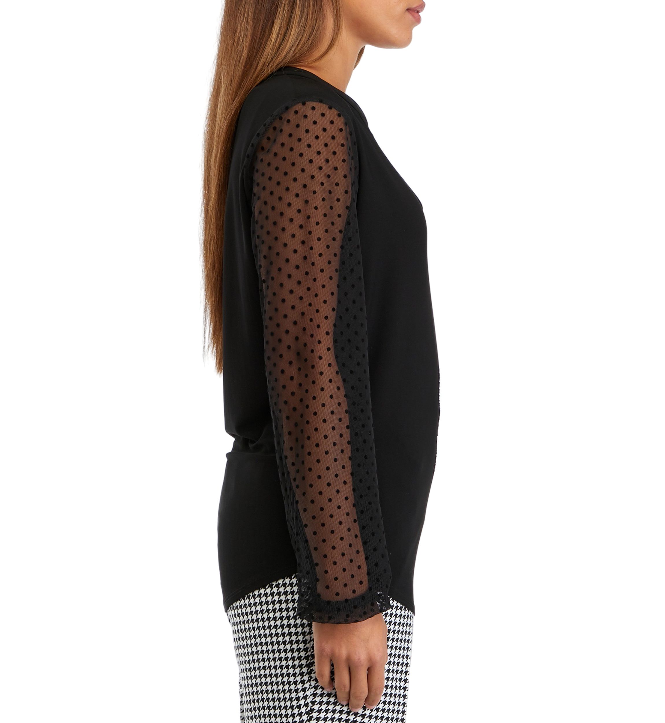 Petite Lace Sleeve Split Neck Solid Top
