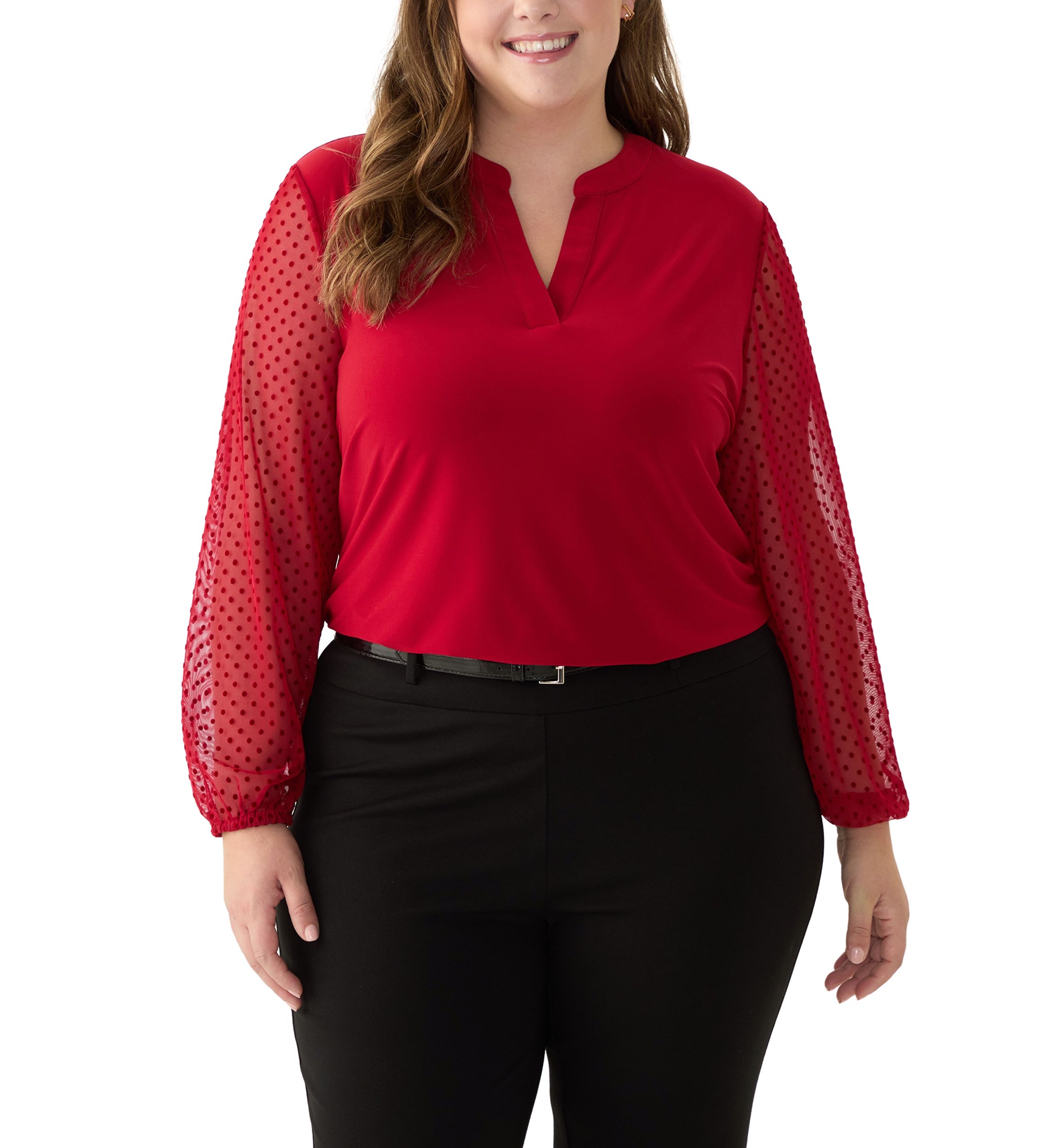 Plus Size Split Neck Long Sleeve Top