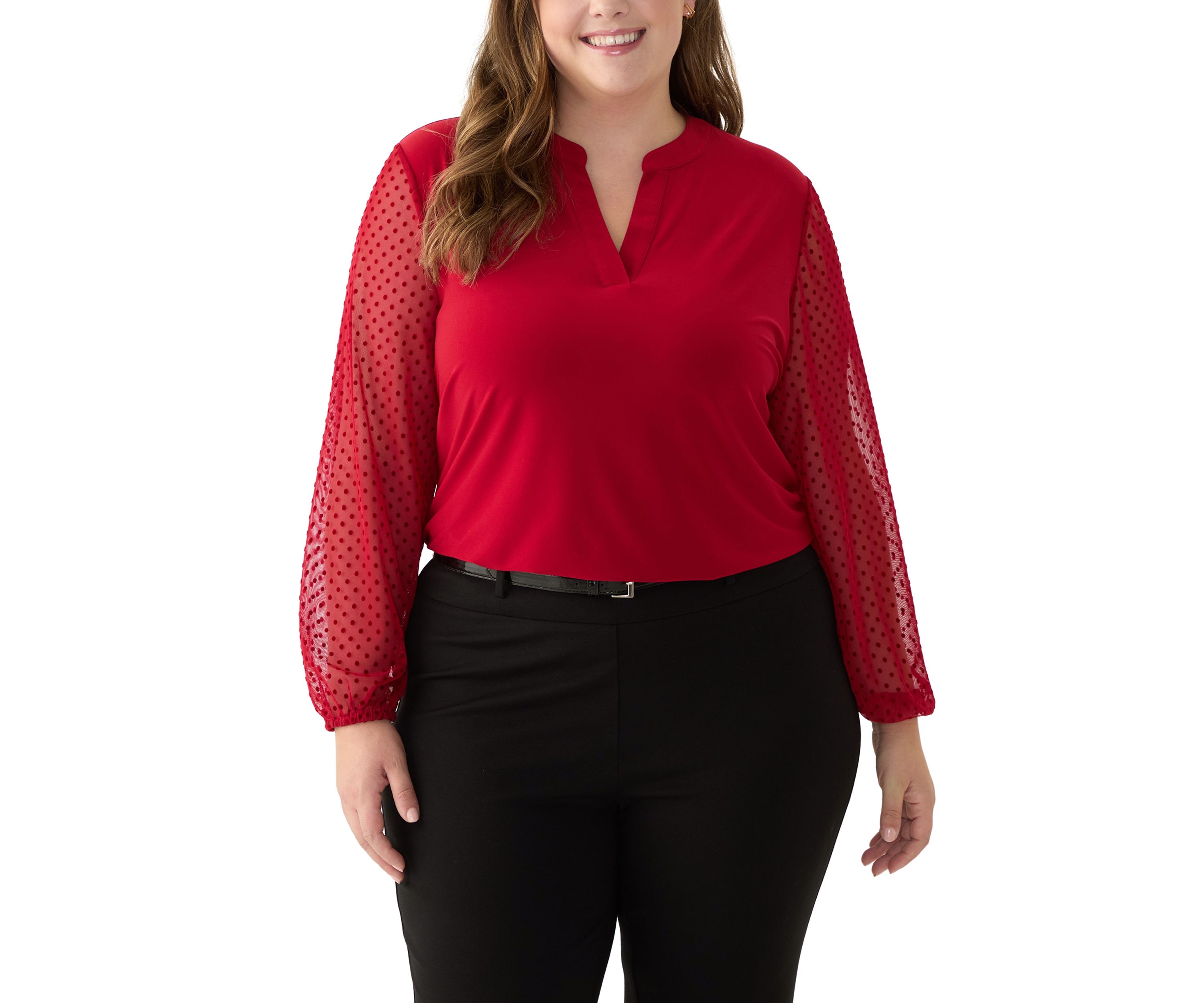 Plus Size Split Neck Long Sleeve Top