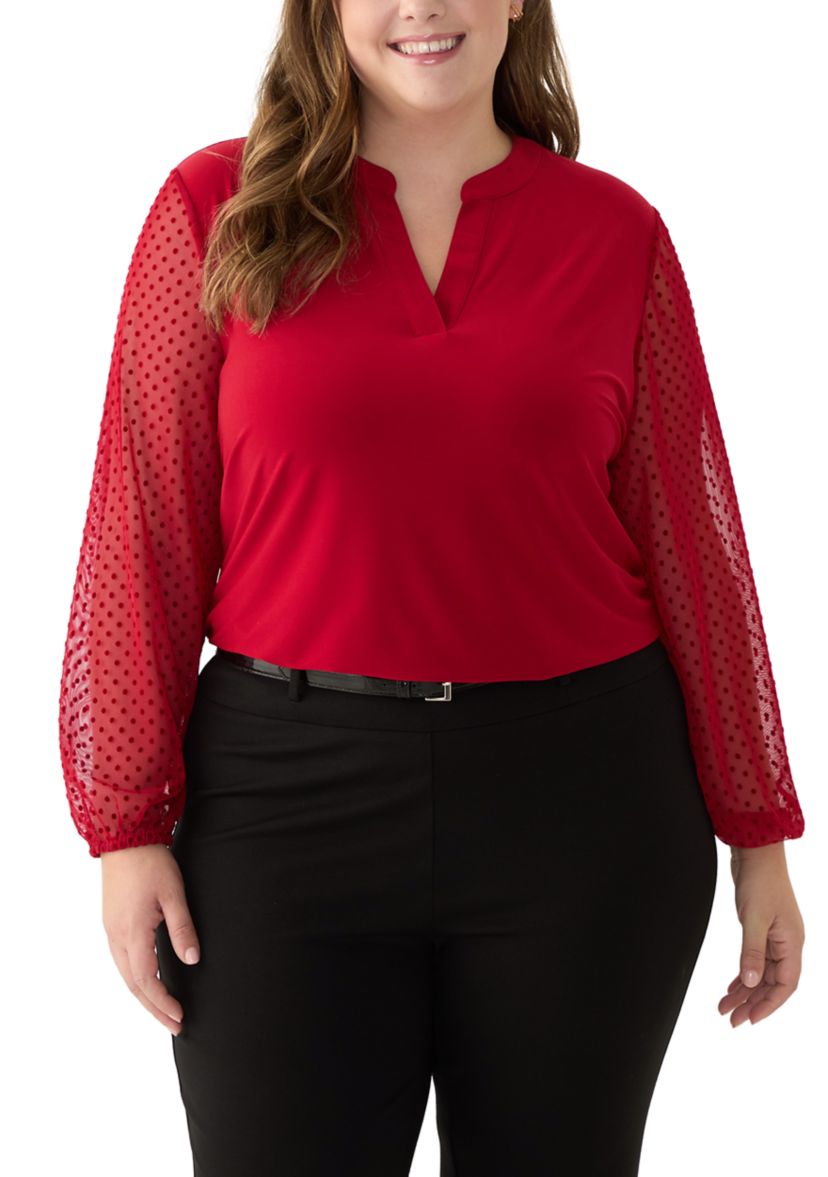 Plus Size Split Neck Long Sleeve Top