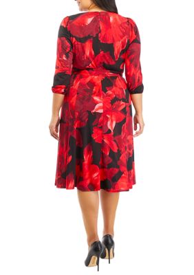 Plus 3/4 Sleeve Printed Belted Dress