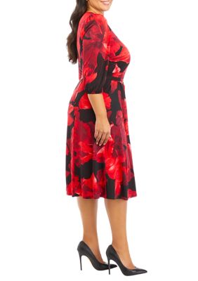 Plus 3/4 Sleeve Printed Belted Dress