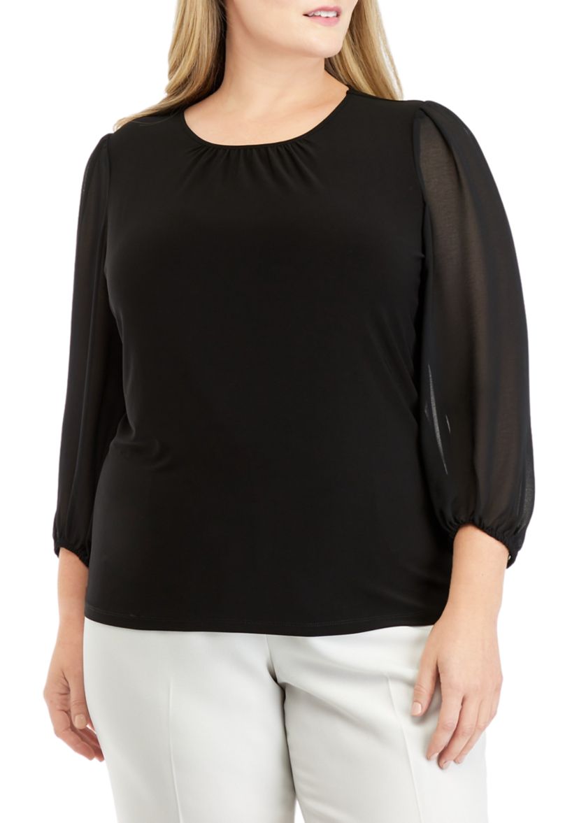 Plus Size Blouson Sleeve Shirred Neck Top