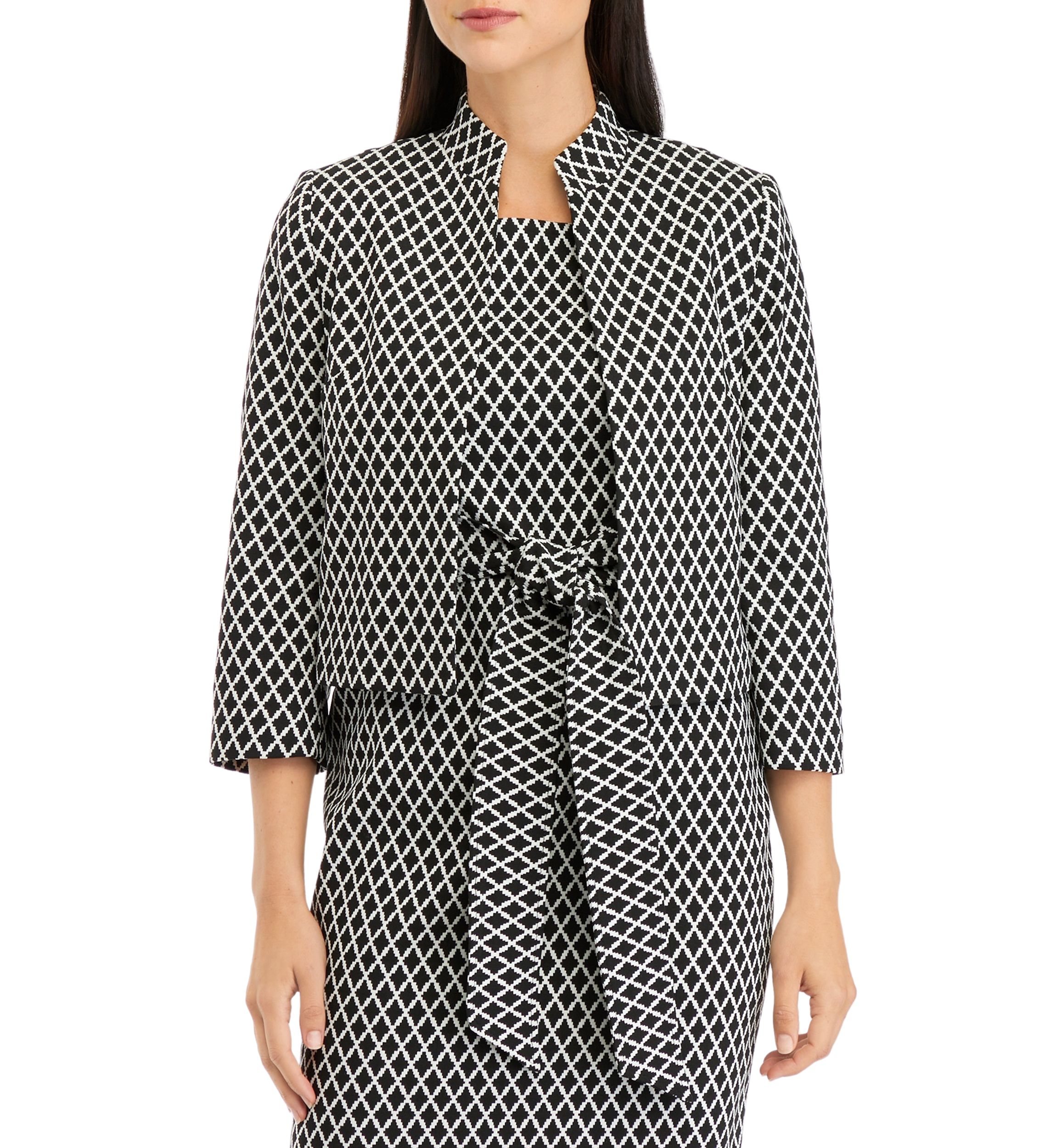 Womens 3/4 Sleeve Stand Collar Open Front Geometric Jacquard Jacket