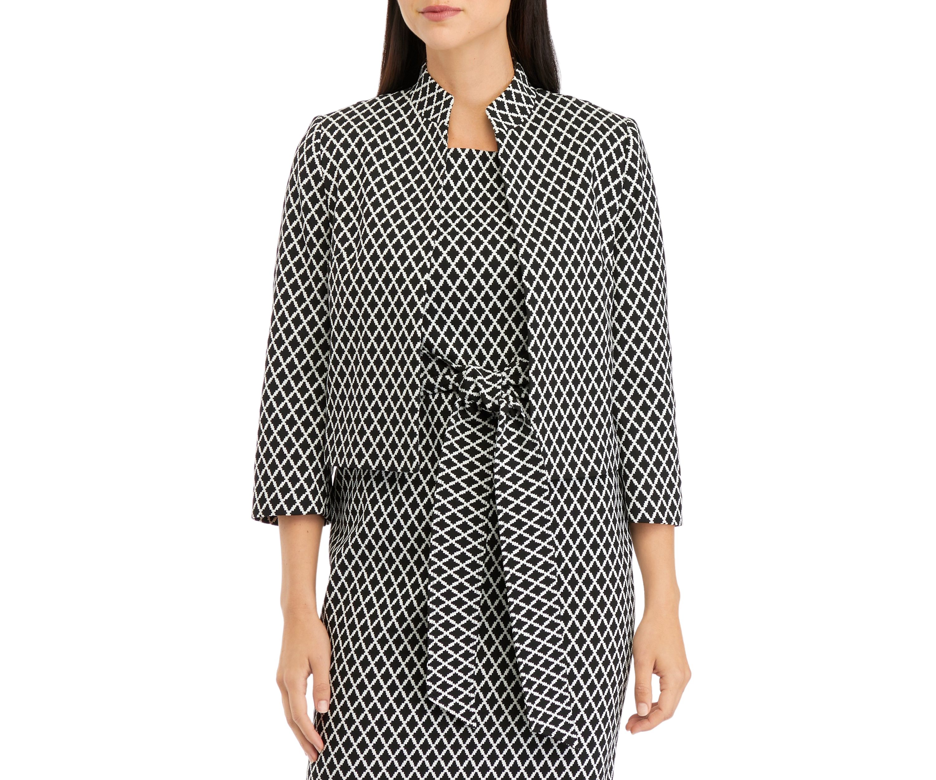 Womens 3/4 Sleeve Stand Collar Open Front Geometric Jacquard Jacket
