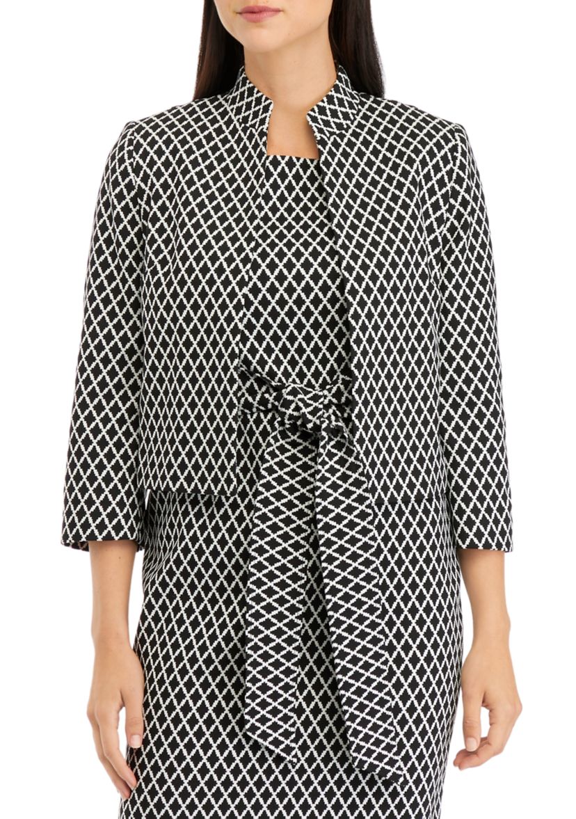 Womens 3/4 Sleeve Stand Collar Open Front Geometric Jacquard Jacket