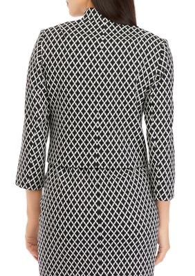 Kasper Separates Blue Black White Geometric Open Front Blazer