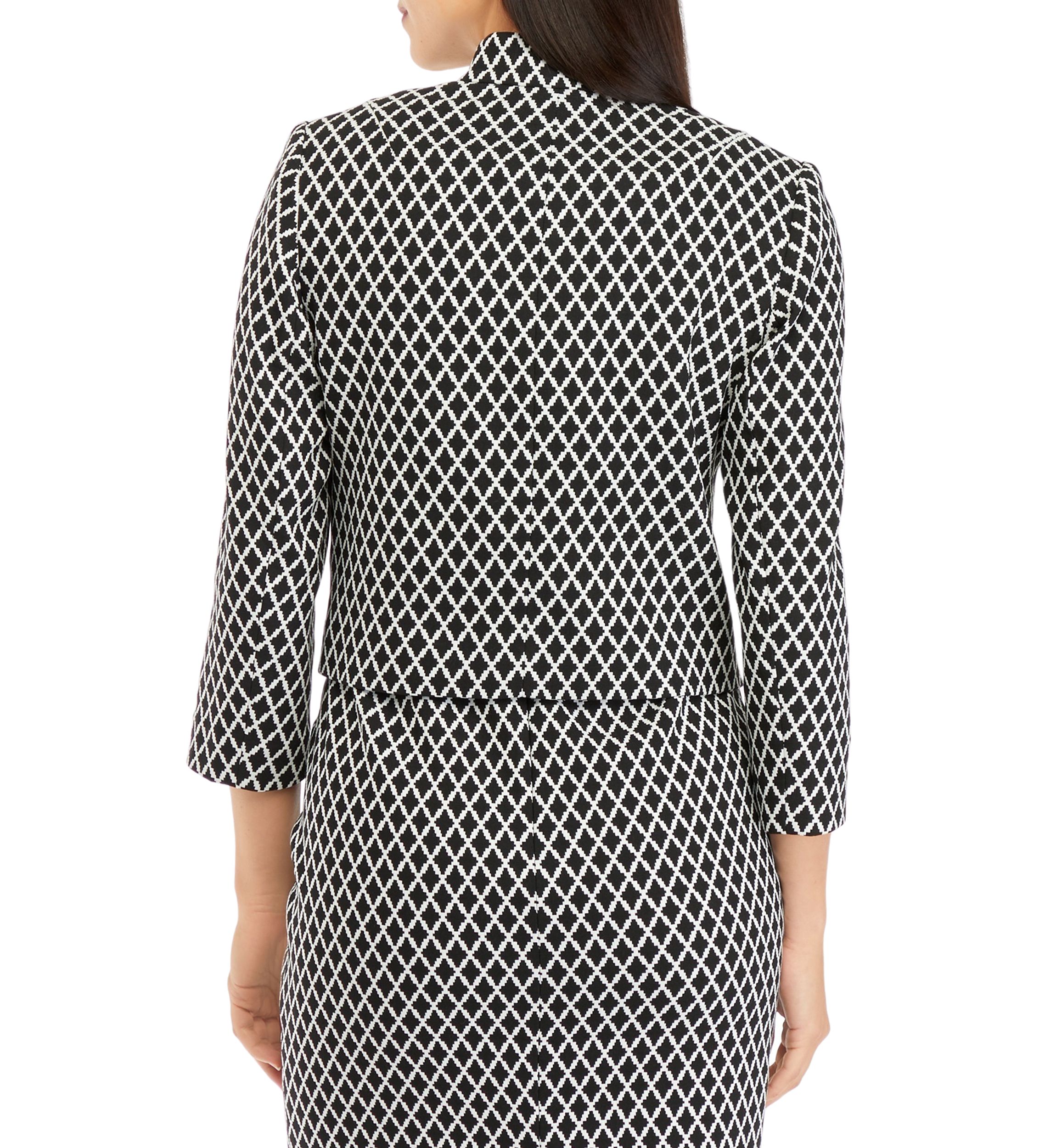 Womens 3/4 Sleeve Stand Collar Open Front Geometric Jacquard Jacket
