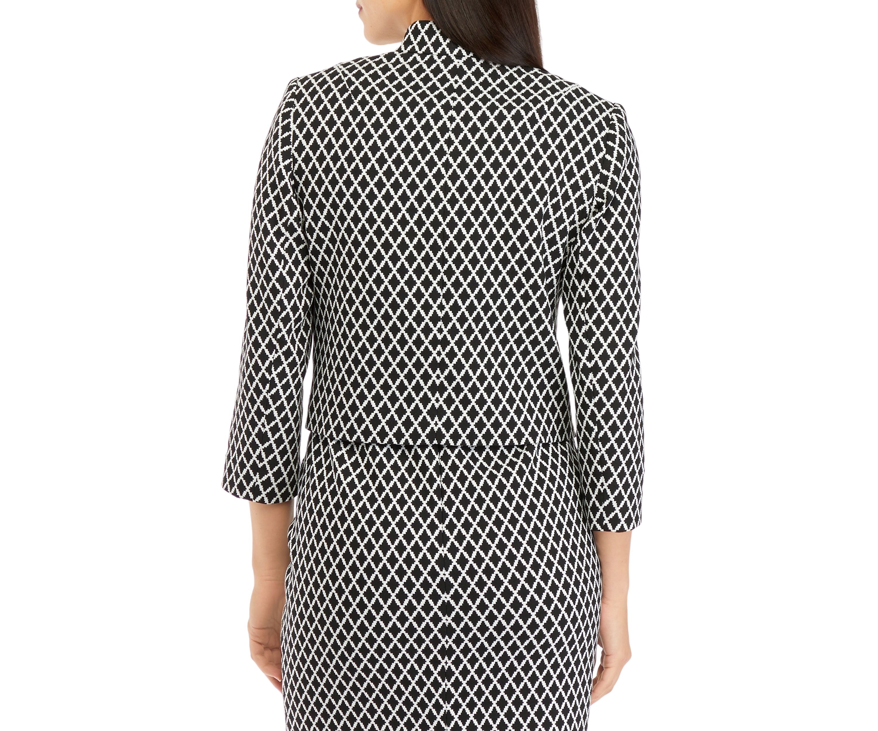 Womens 3/4 Sleeve Stand Collar Open Front Geometric Jacquard Jacket