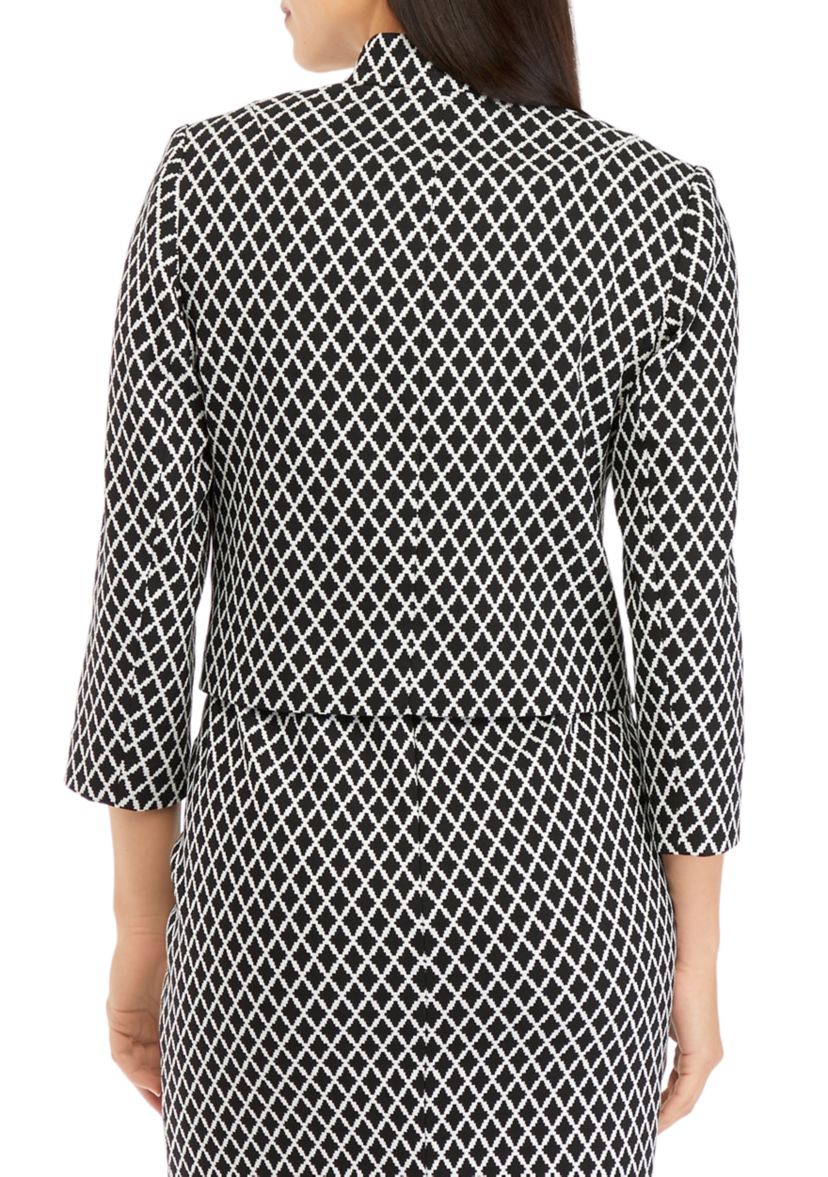 Womens 3/4 Sleeve Stand Collar Open Front Geometric Jacquard Jacket