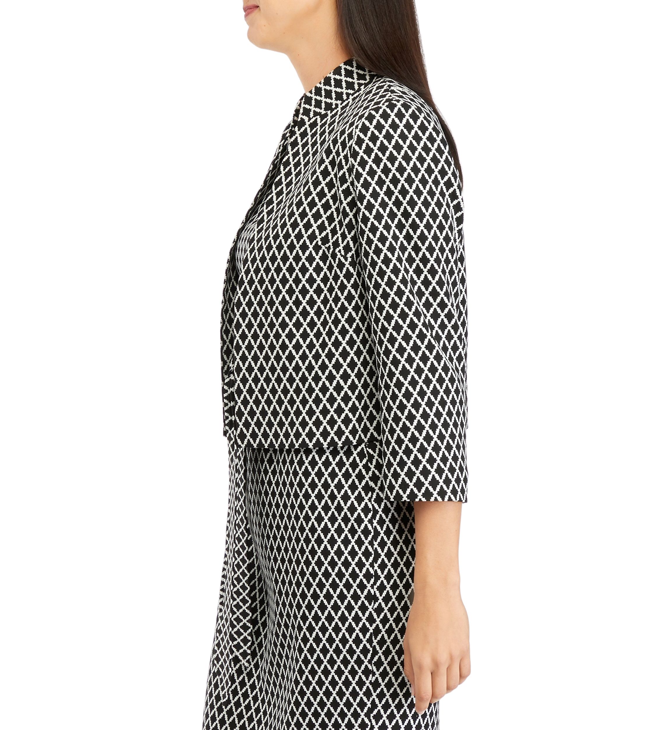 Womens 3/4 Sleeve Stand Collar Open Front Geometric Jacquard Jacket