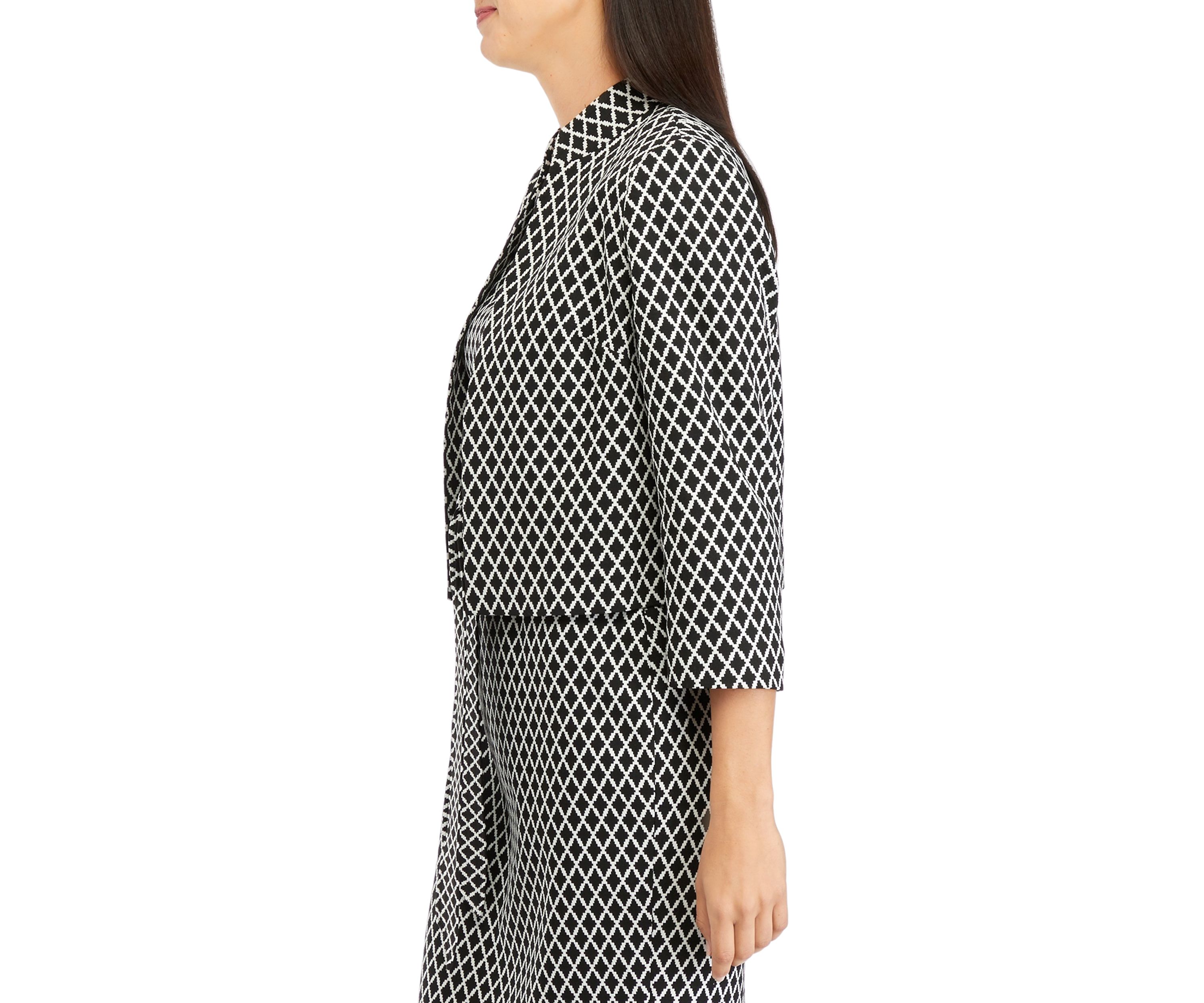 Womens 3/4 Sleeve Stand Collar Open Front Geometric Jacquard Jacket