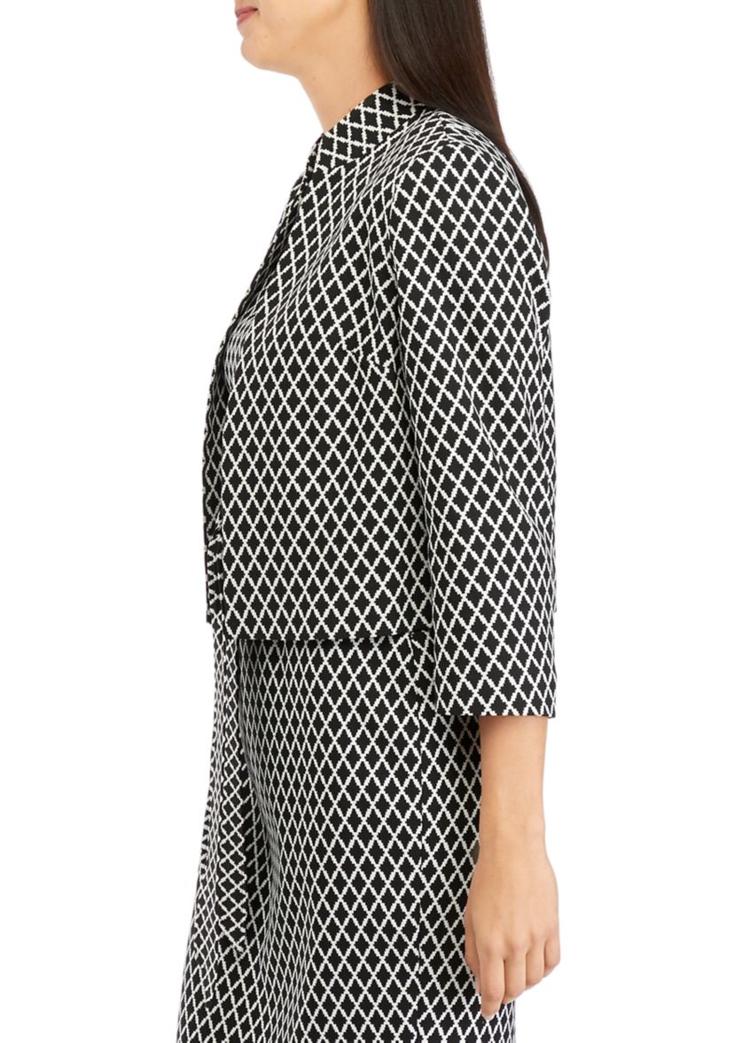 Womens 3/4 Sleeve Stand Collar Open Front Geometric Jacquard Jacket