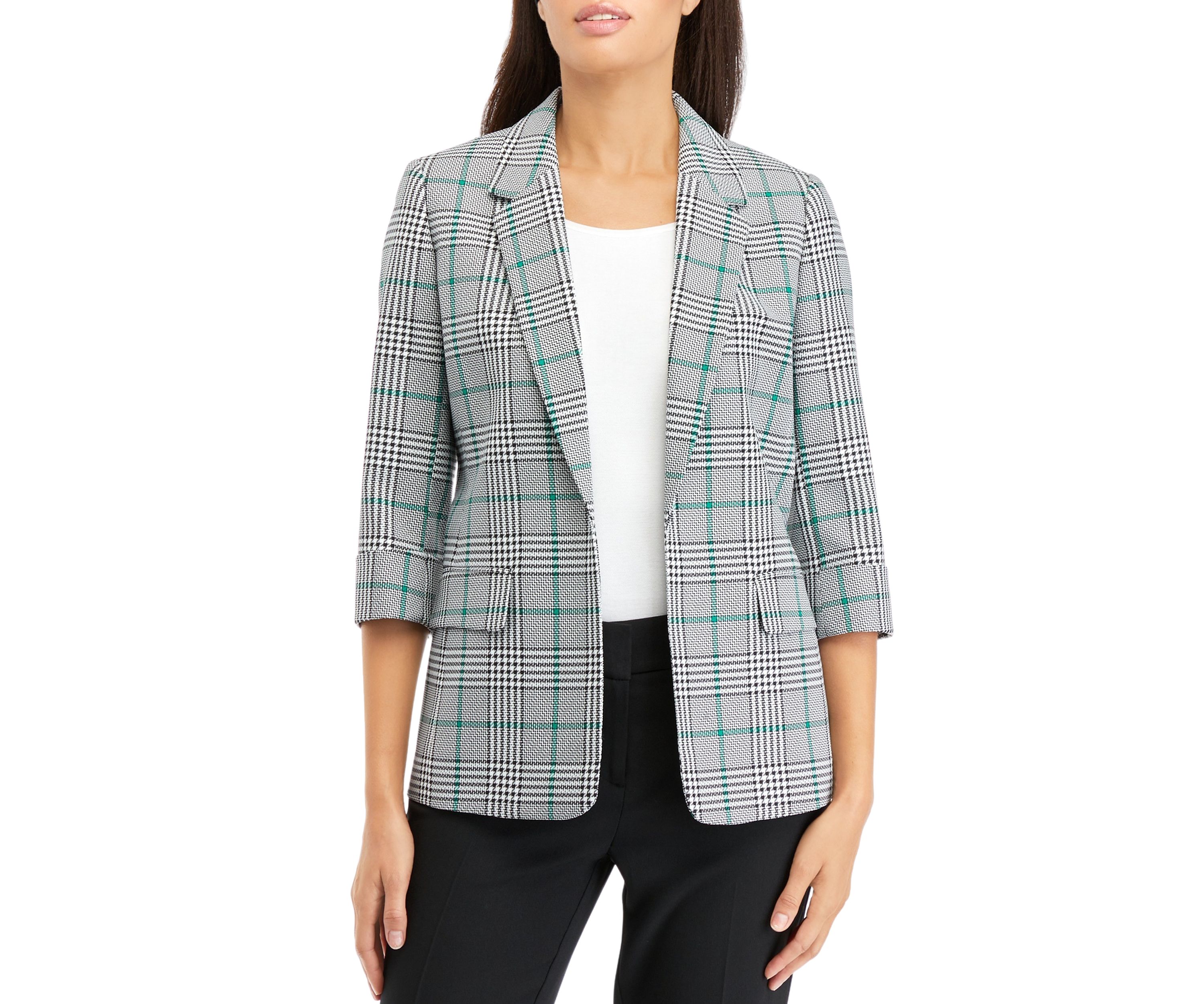 Petite 3/4 Sleeve Open Front Plaid Jacket with Flap Pockets