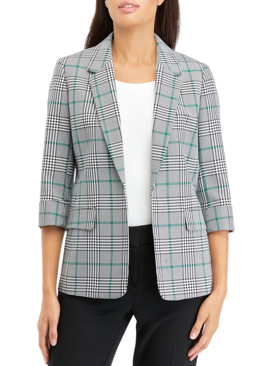 Petite 3/4 Sleeve Open Front Plaid Jacket with Flap Pockets