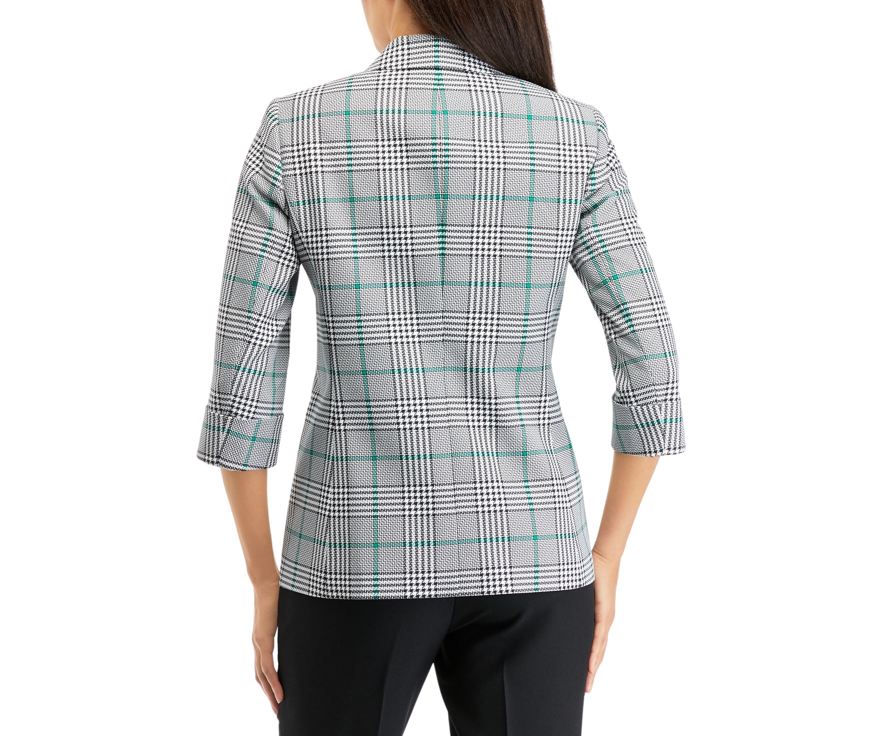 Petite 3/4 Sleeve Open Front Plaid Jacket with Flap Pockets