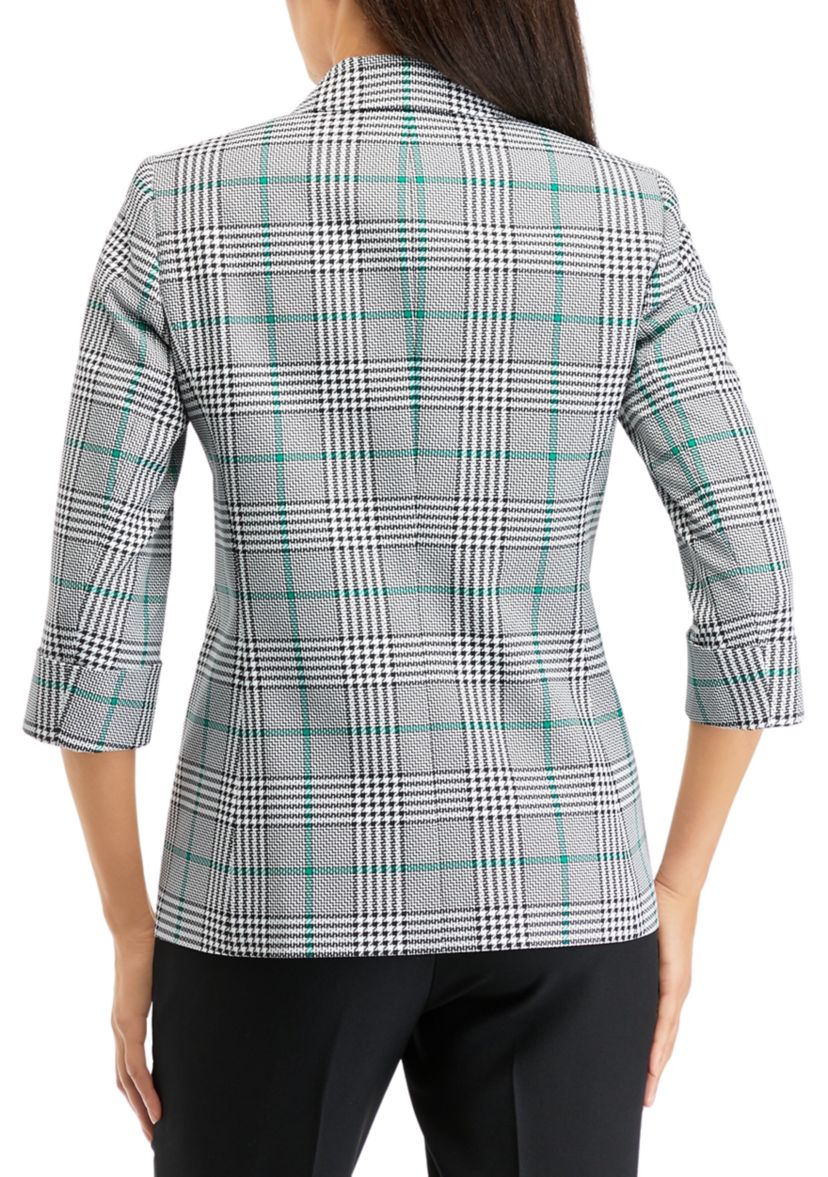 Petite 3/4 Sleeve Open Front Plaid Jacket with Flap Pockets