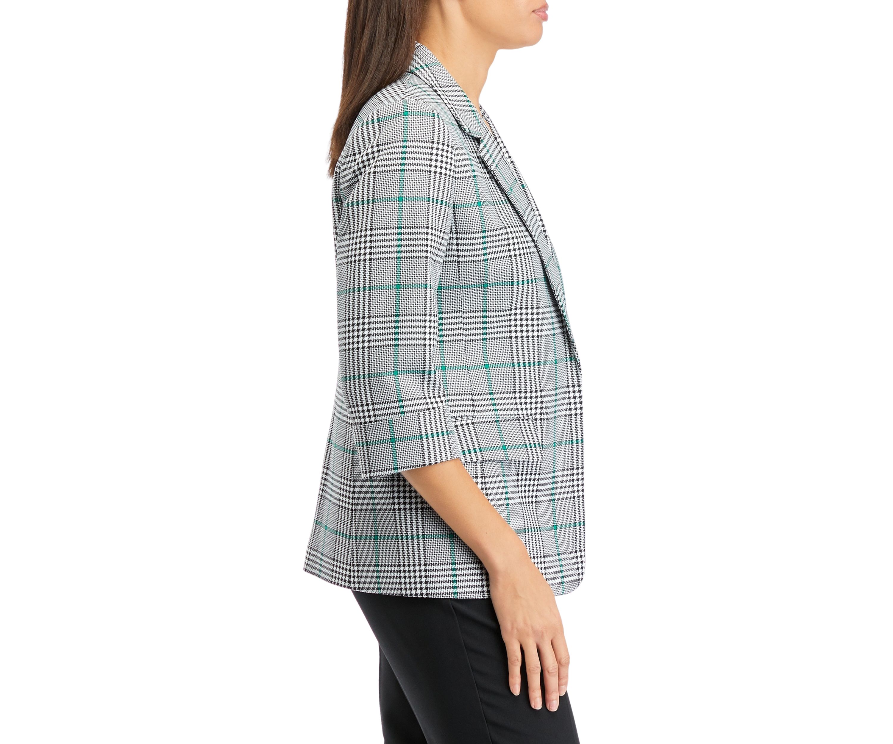 Petite 3/4 Sleeve Open Front Plaid Jacket with Flap Pockets