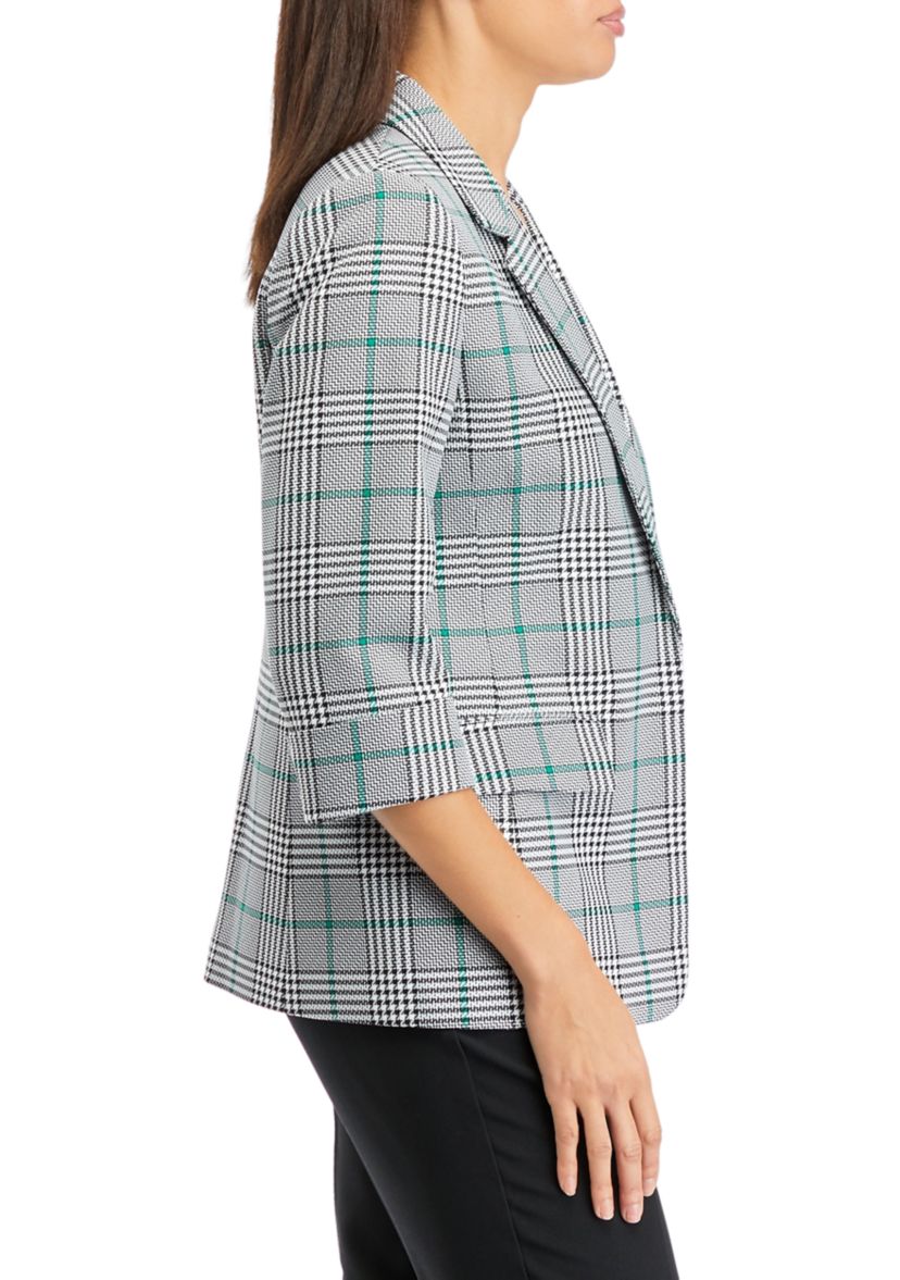 Petite 3/4 Sleeve Open Front Plaid Jacket with Flap Pockets