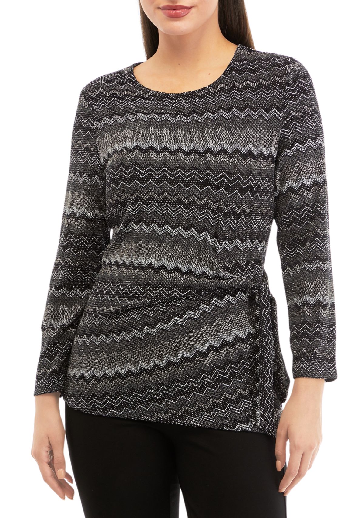 Petite Long Sleeve Side Knot Chevron Print Knit Top