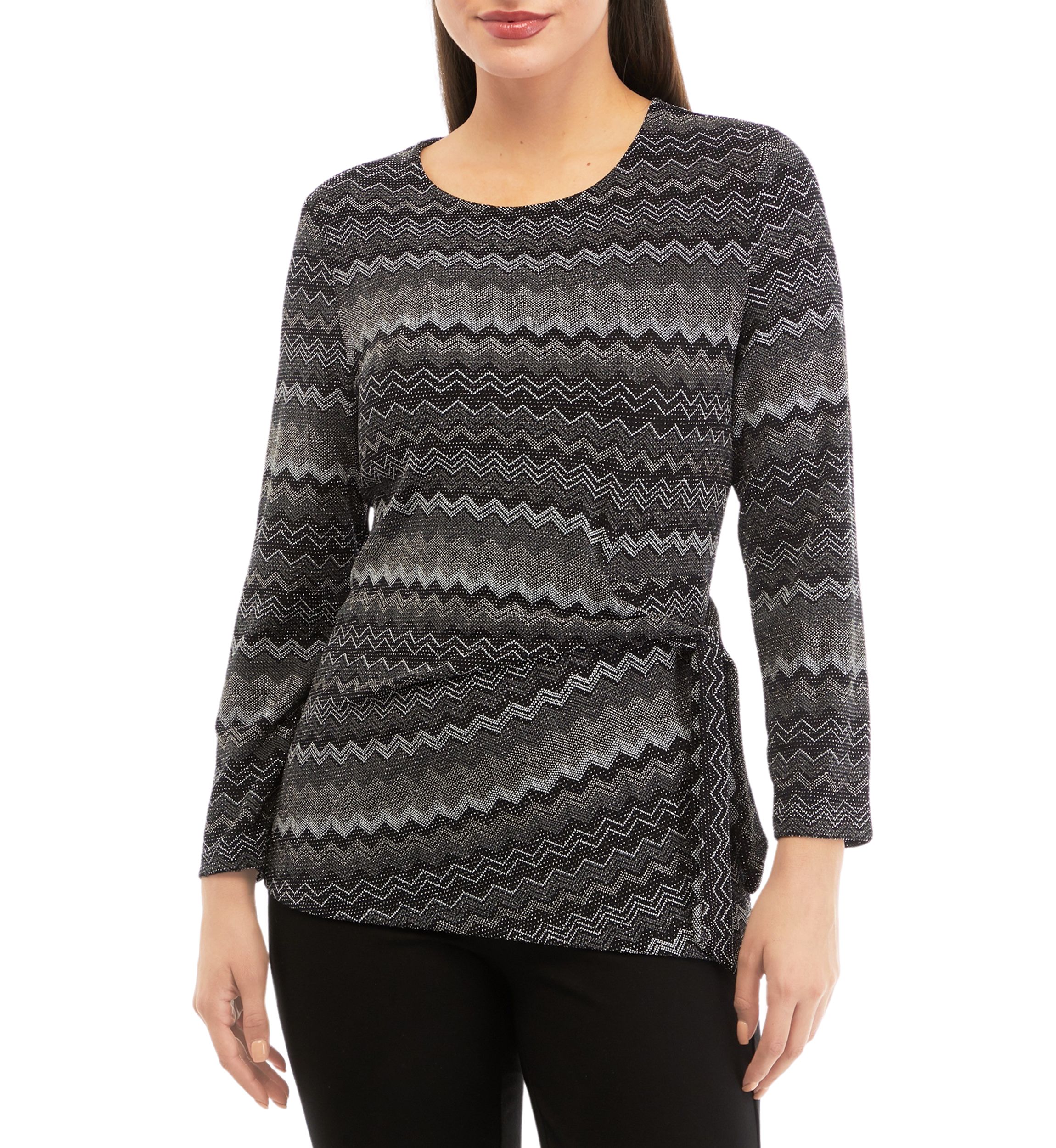 Petite Long Sleeve Side Knot Chevron Print Knit Top