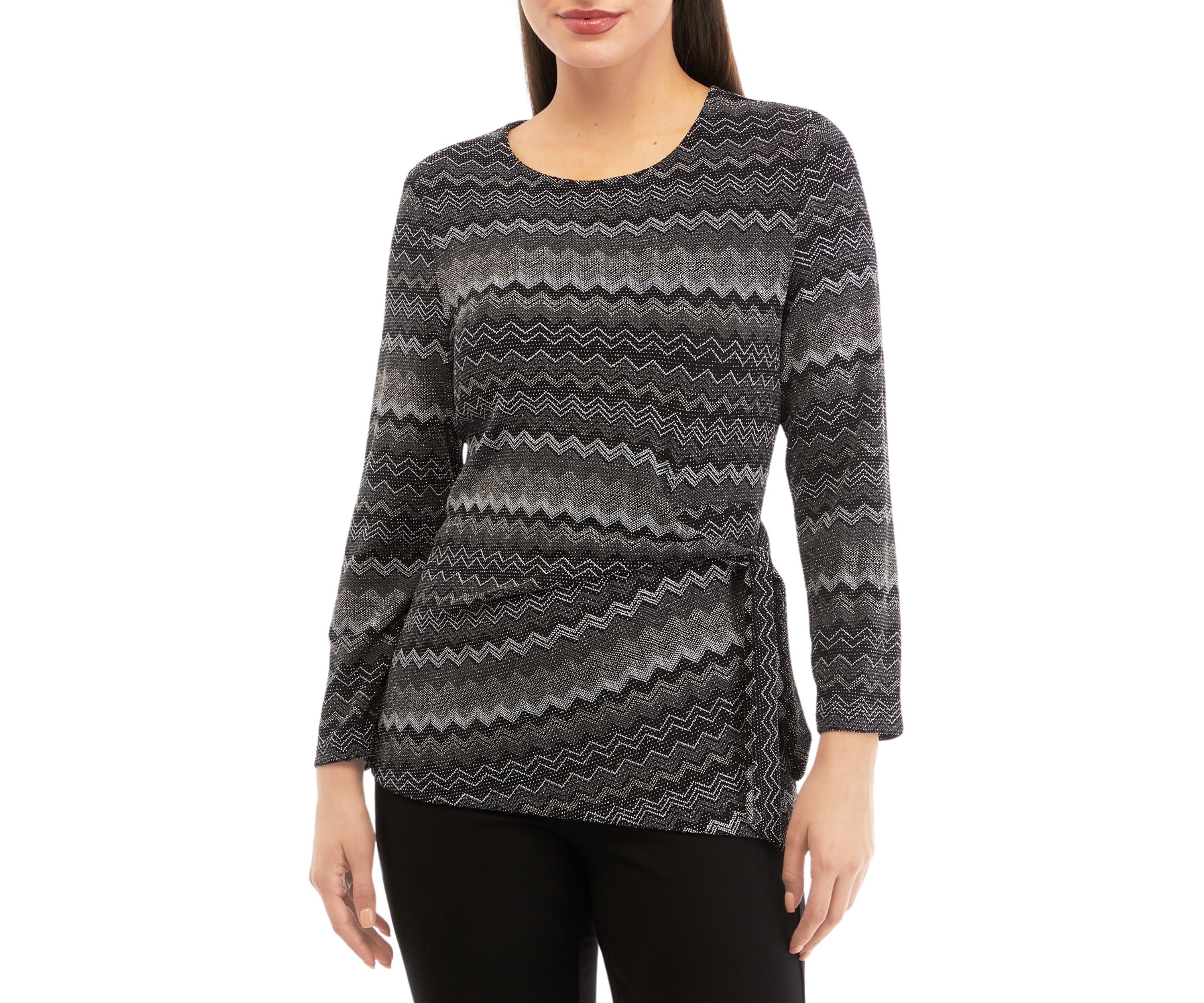 Petite Long Sleeve Side Knot Chevron Print Knit Top