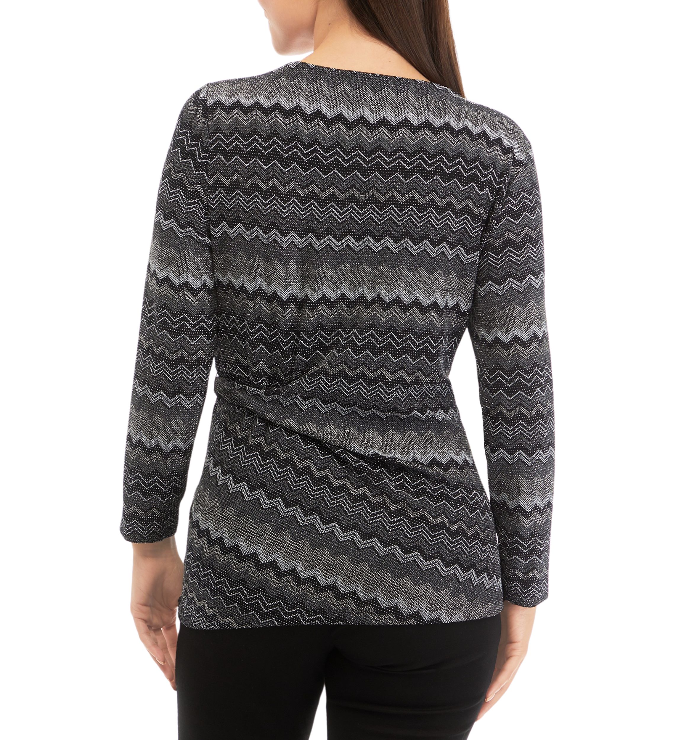 Petite Long Sleeve Side Knot Chevron Print Knit Top