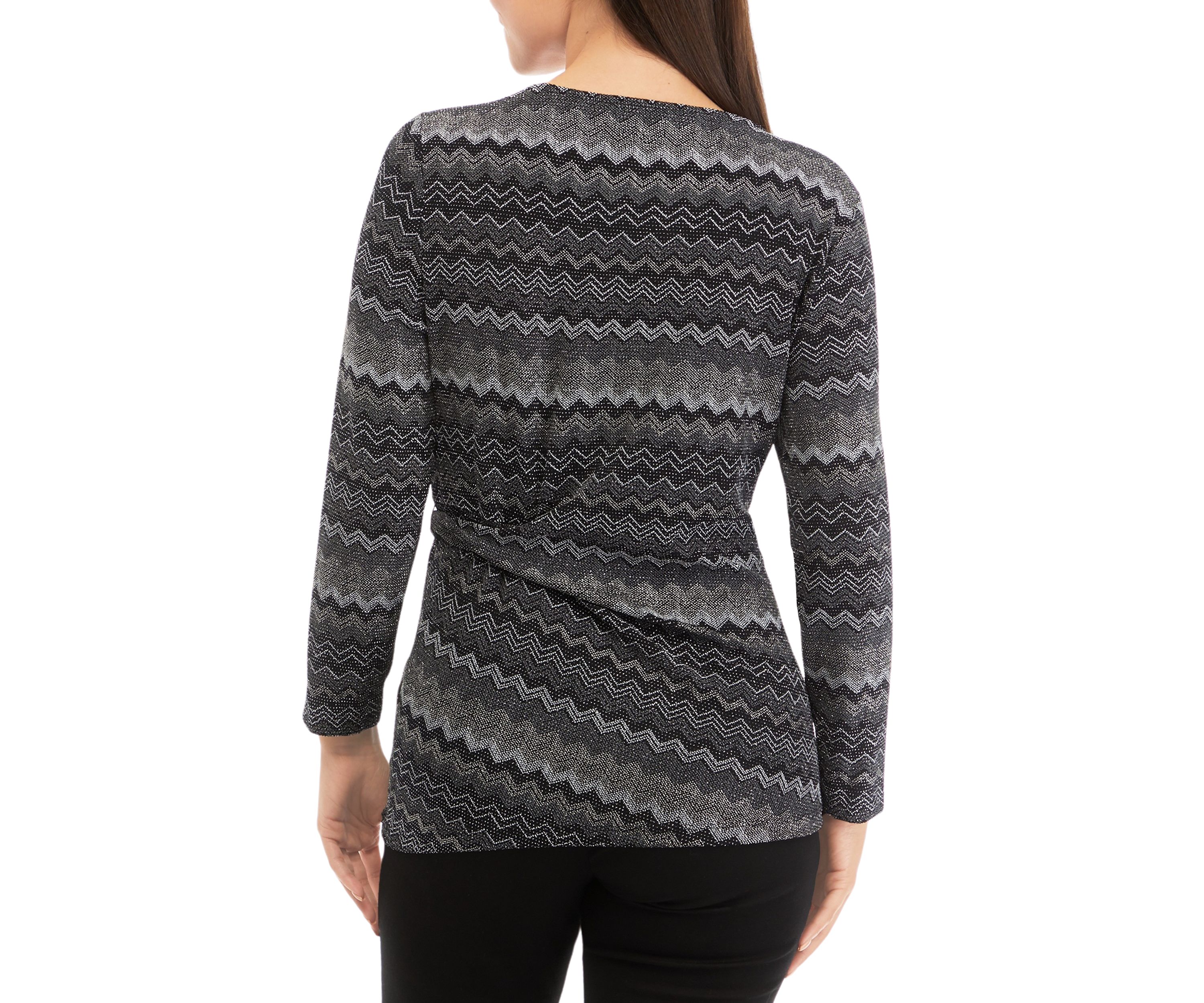 Petite Long Sleeve Side Knot Chevron Print Knit Top