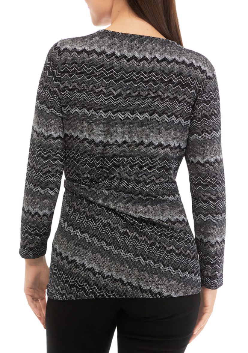 Petite Long Sleeve Side Knot Chevron Print Knit Top