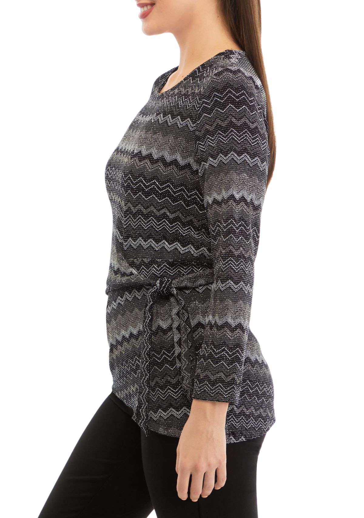 Petite Long Sleeve Side Knot Chevron Print Knit Top