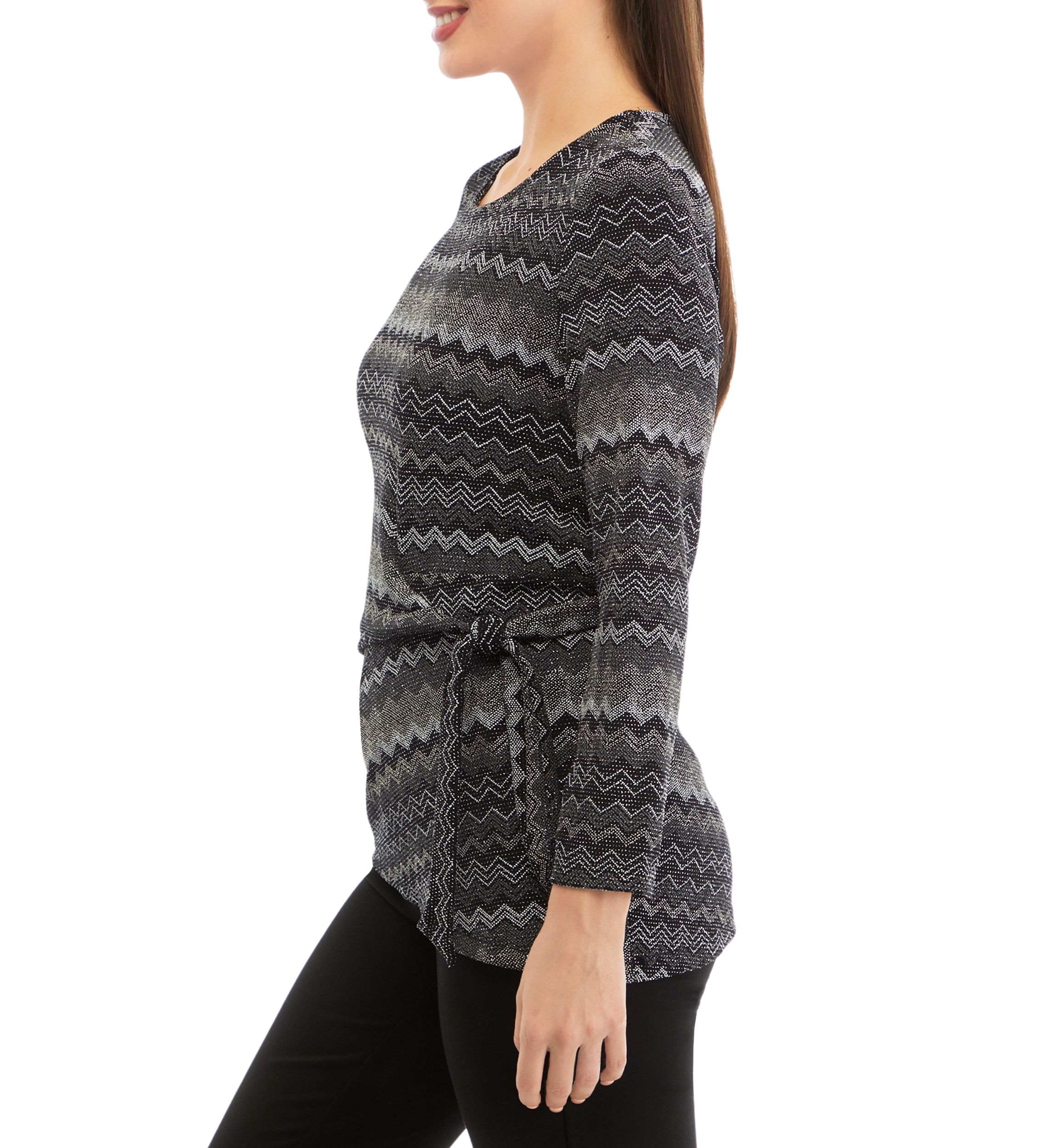 Petite Long Sleeve Side Knot Chevron Print Knit Top