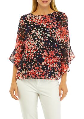 Crew-neck floral print blouse, golden flowers - Plus Size. Colour