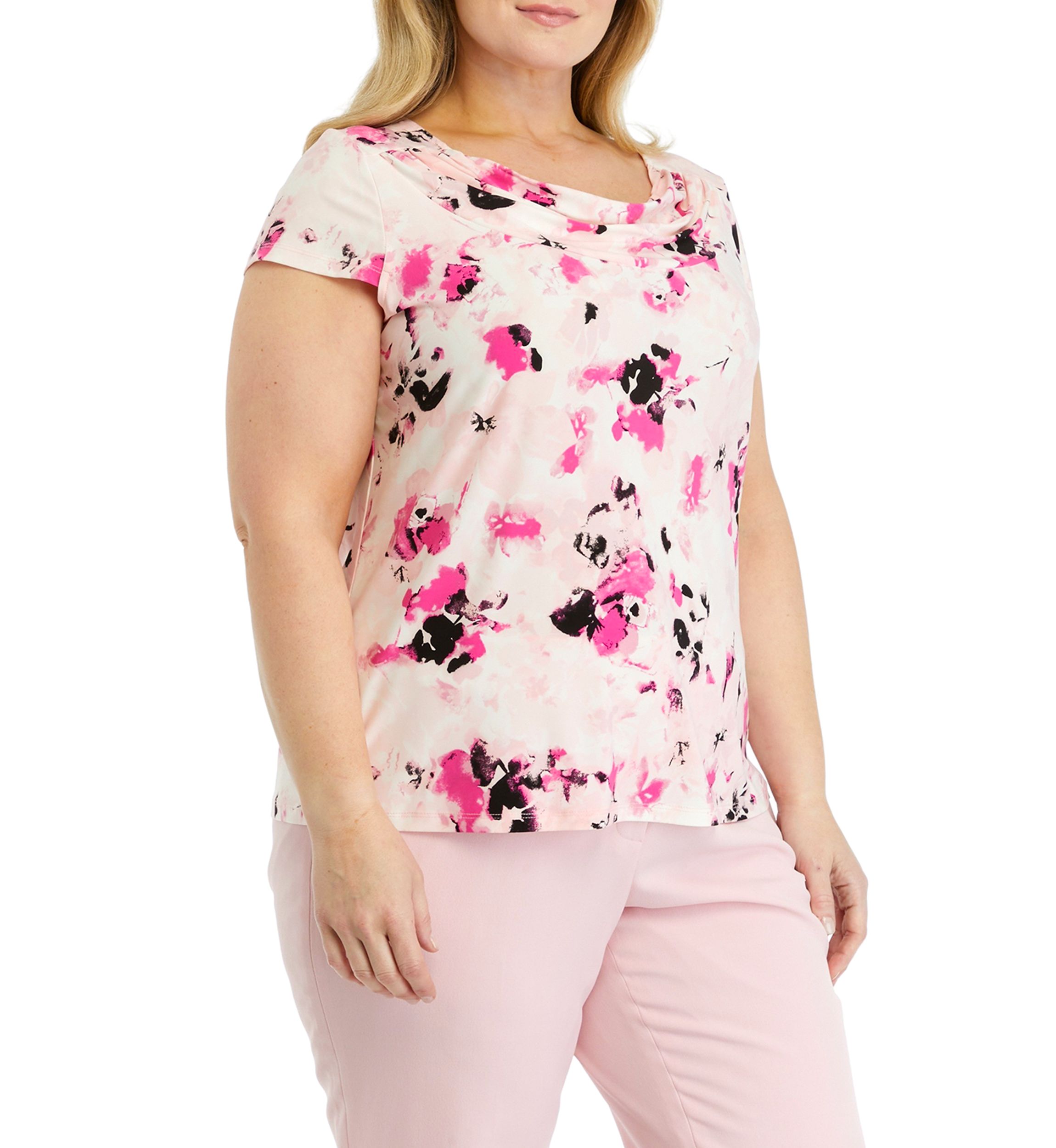 Plus Size Cap Sleeve Cowl Neck Printed Top