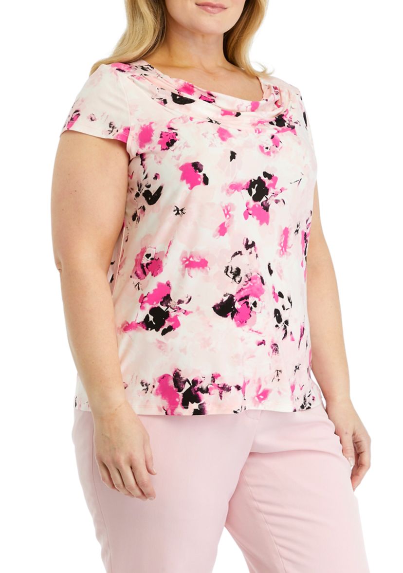 Plus Size Cap Sleeve Cowl Neck Printed Top