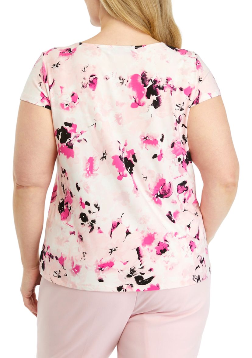 Plus Size Cap Sleeve Cowl Neck Printed Top
