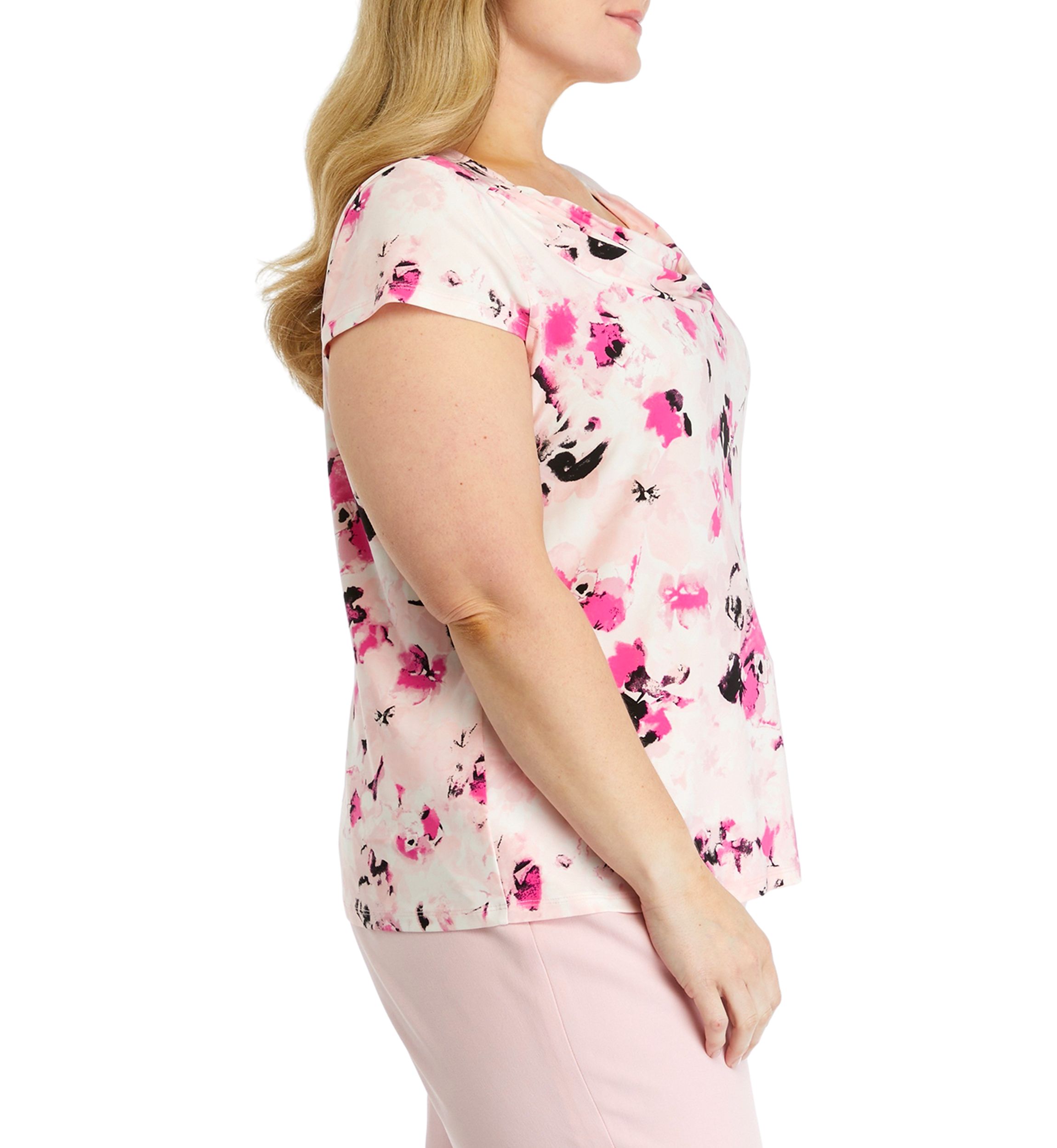 Plus Size Cap Sleeve Cowl Neck Printed Top