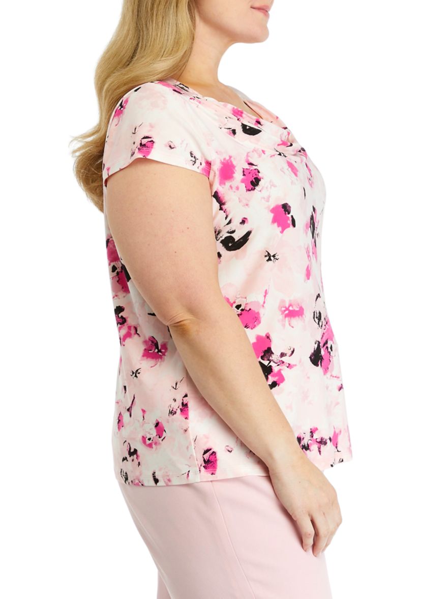 Plus Size Cap Sleeve Cowl Neck Printed Top