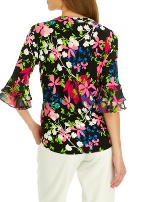 Petite Printed Flutter Sleeve Top