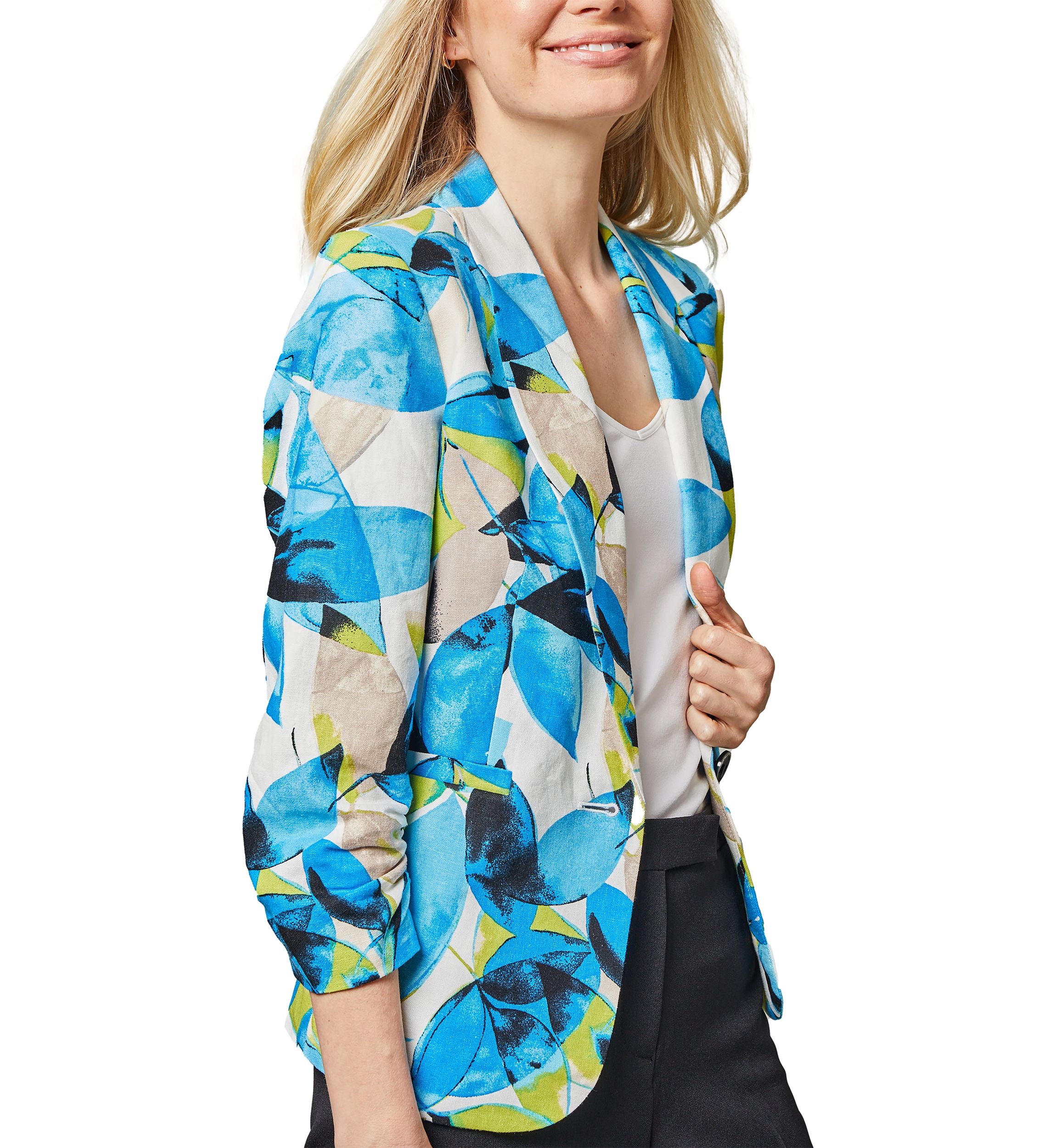 Womens Linen Blend Leaf Print Jacket