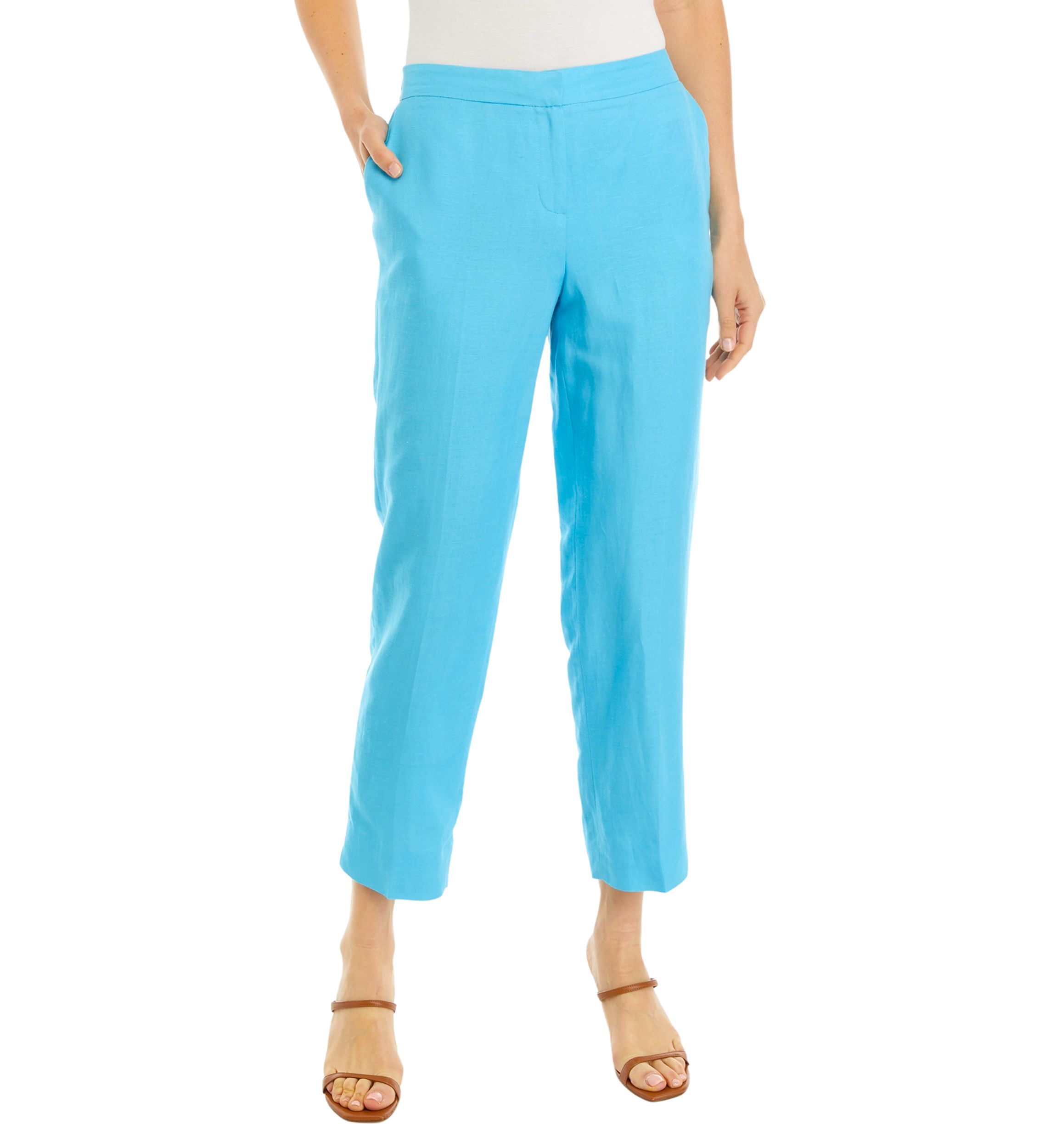  Womens Linen Blend Fly Front Elastic Back Pants 