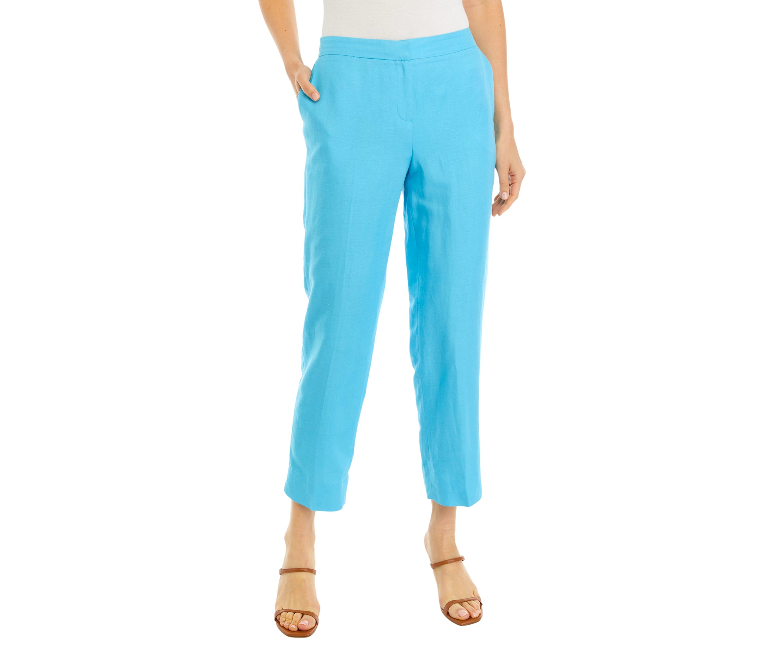  Womens Linen Blend Fly Front Elastic Back Pants 