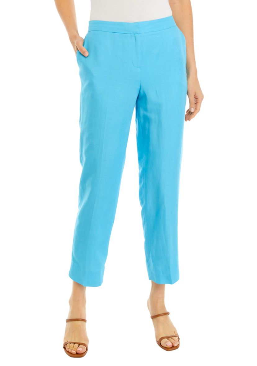  Womens Linen Blend Fly Front Elastic Back Pants 