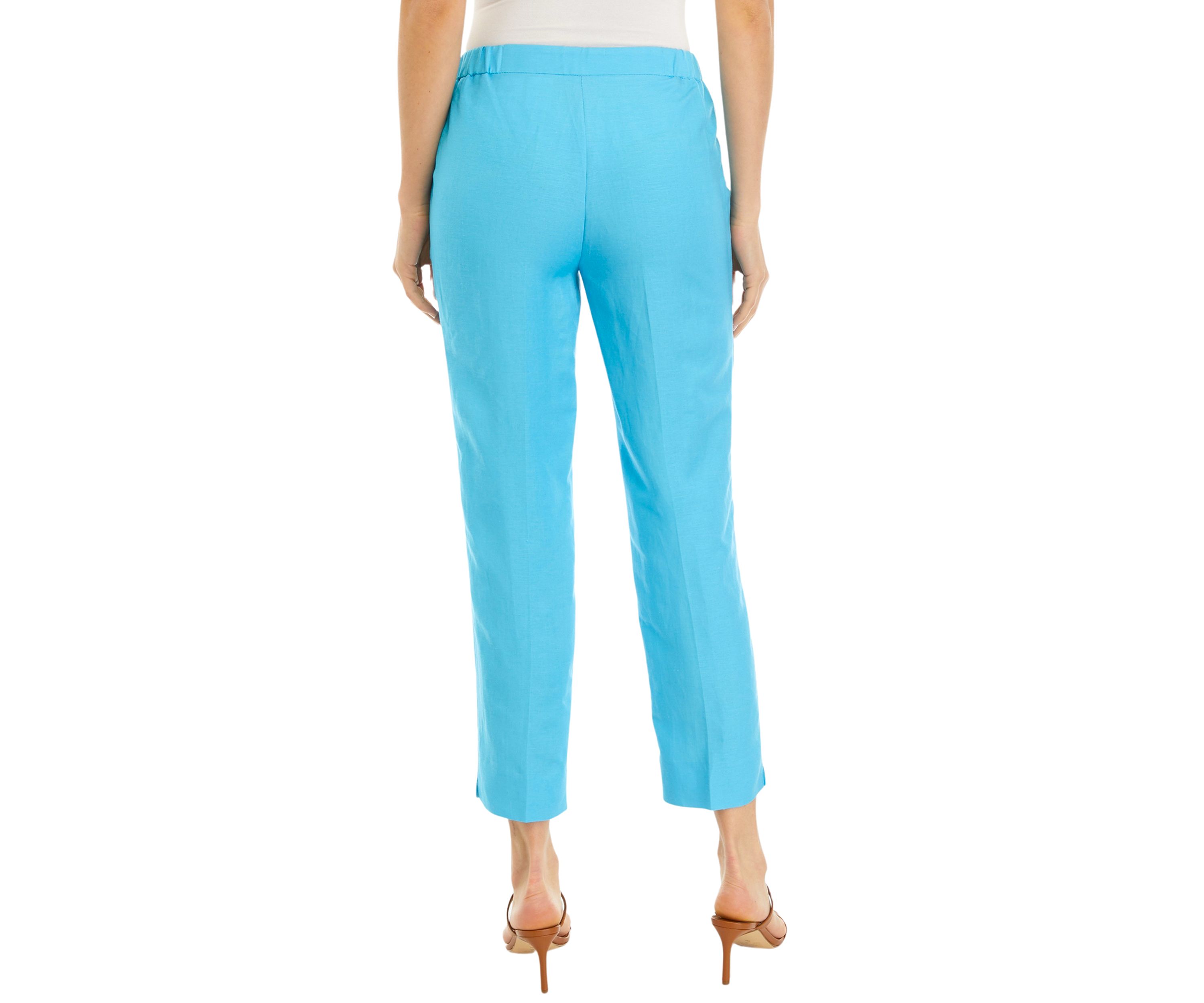  Womens Linen Blend Fly Front Elastic Back Pants 