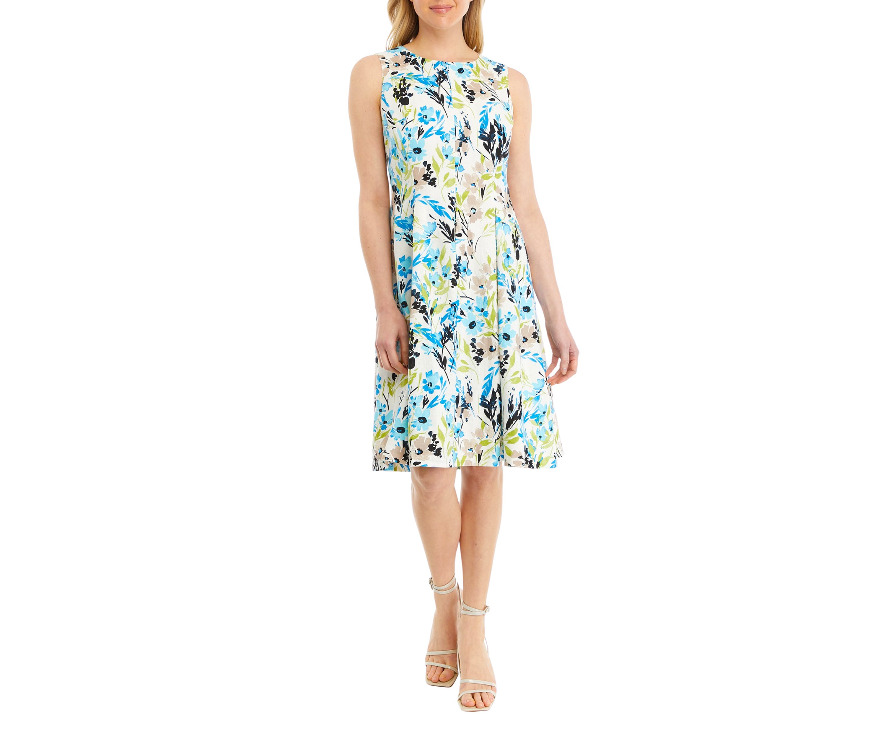 Womens Linen Blend Seamed Flare Dress