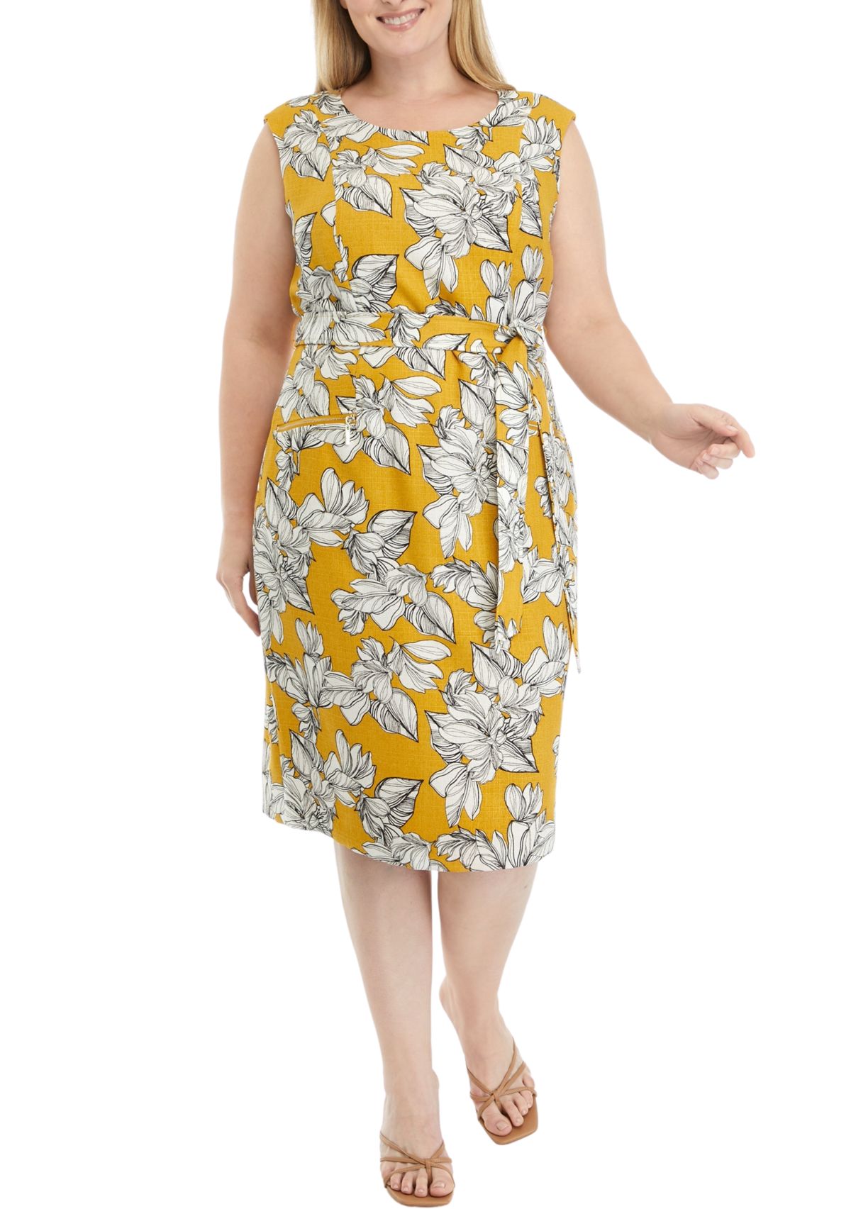 Plus Size Cap Sleeve Zip Pocket Belted Dress